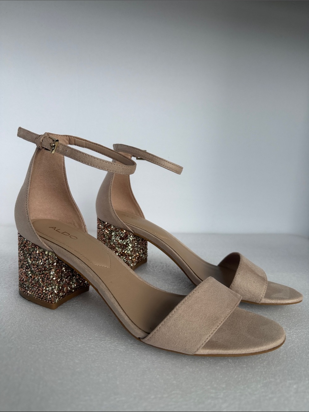 ALDO Nude Blush Glitter Block Heel Ankle Strap Sandals Size 7.5